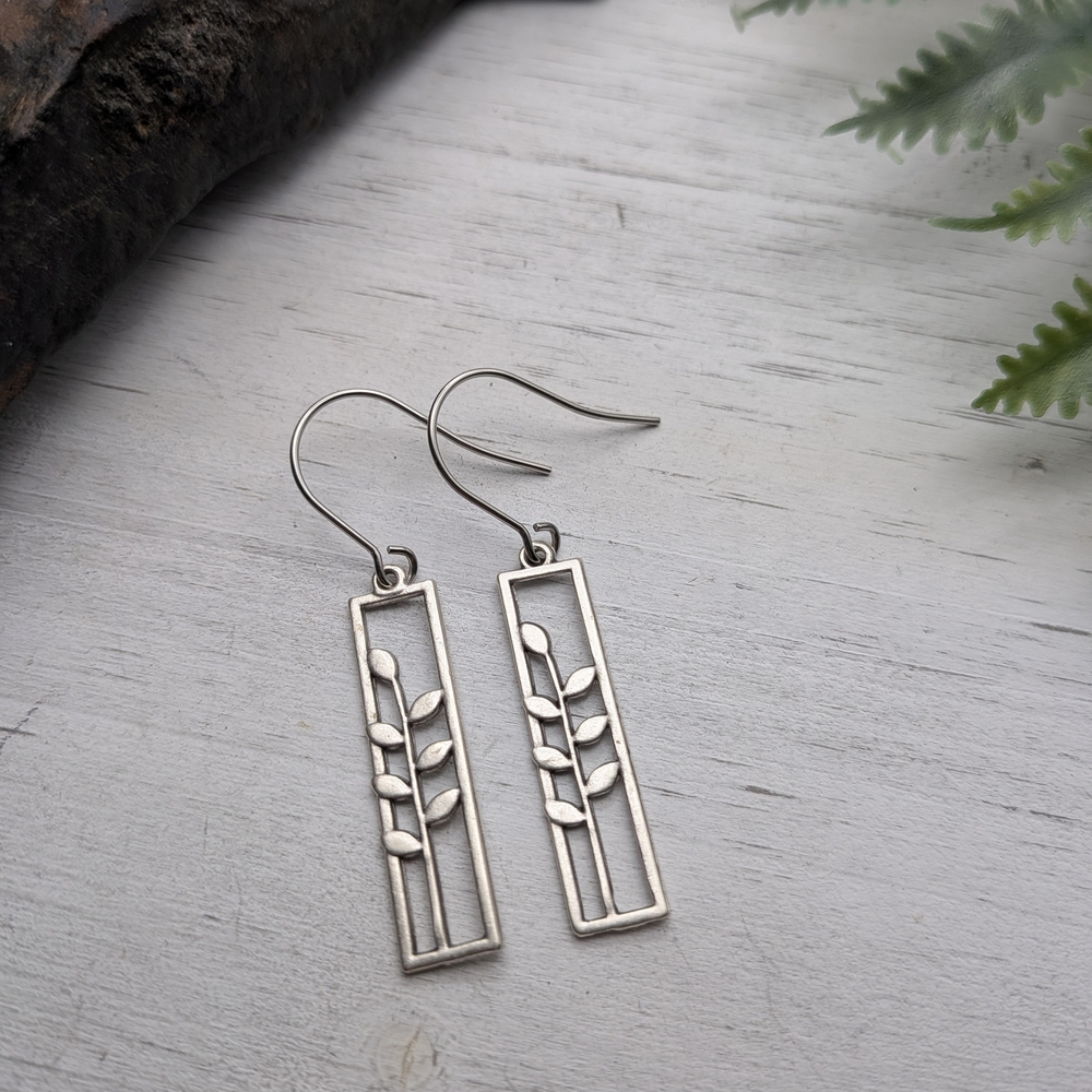 Antique Silver Leaf Rectangle Drop Earrings - Picture 2 of 5